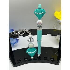 Tiffany Blue Beaded Pen & Keychain Set – Diamond Charm Gift for Her